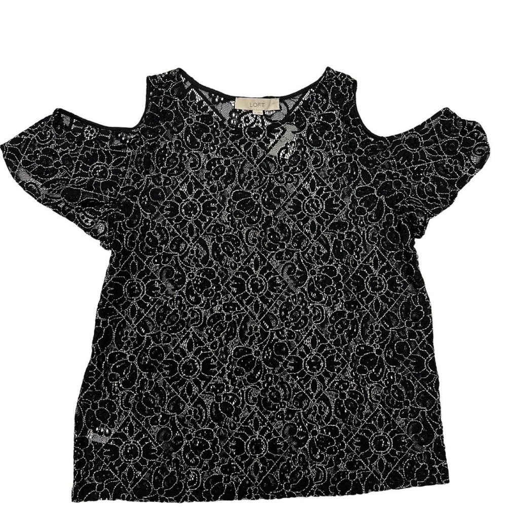 LOFT Black Lace Cold Shoulder Blouse Women's Medium Floral Cutout‎ Top